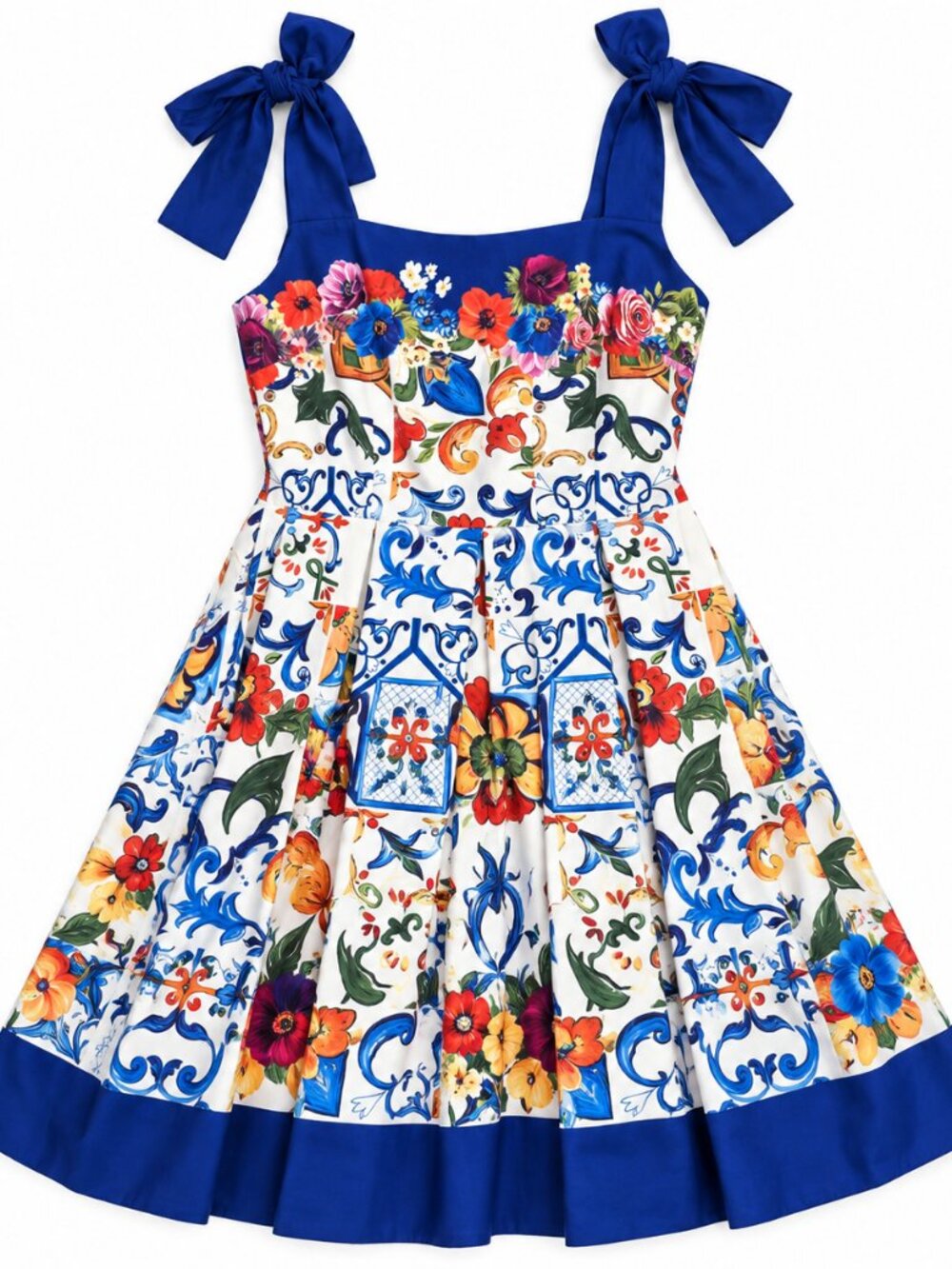 NWT Dalia MacPhee London Floral Midi Dress Blue White Bow Straps S